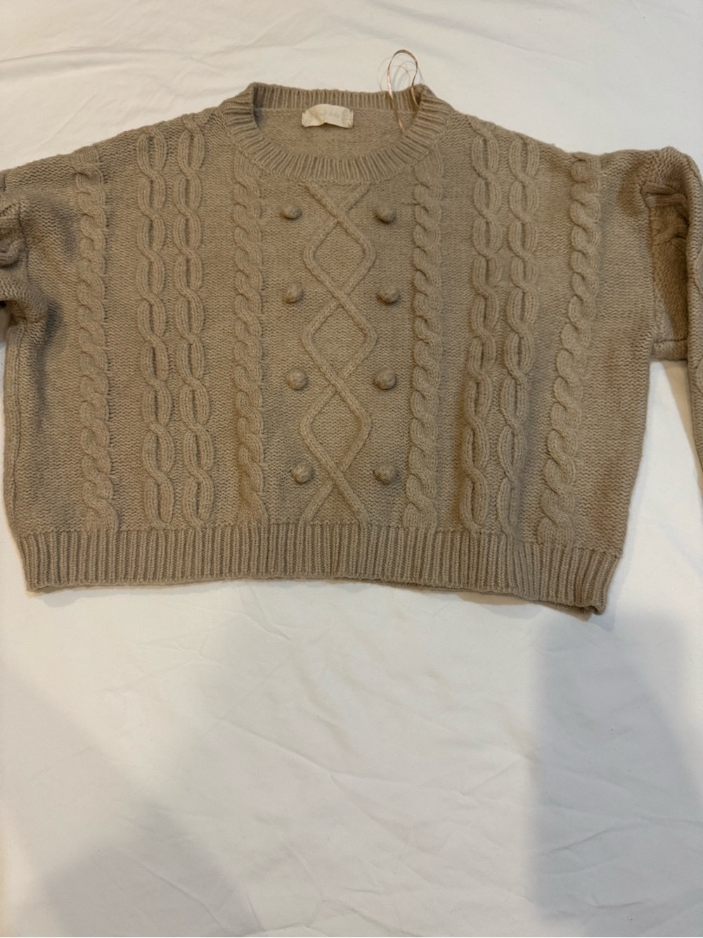 Altar'd State Taupe Cable-Knit Pom-Pom Crewneck Sweater